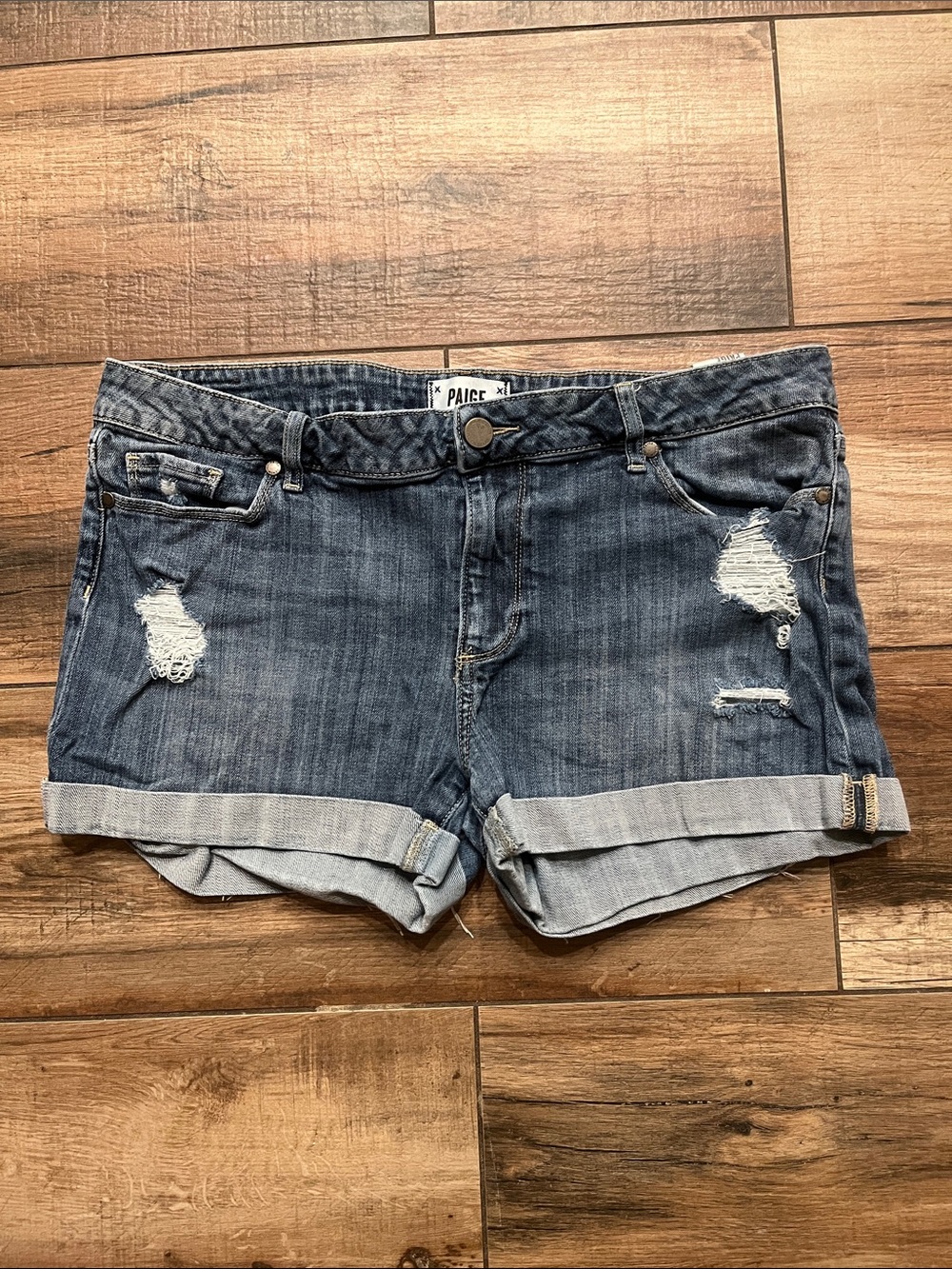 PAIGE Rolled Hem Distressed Denim Shorts - Medium Blue